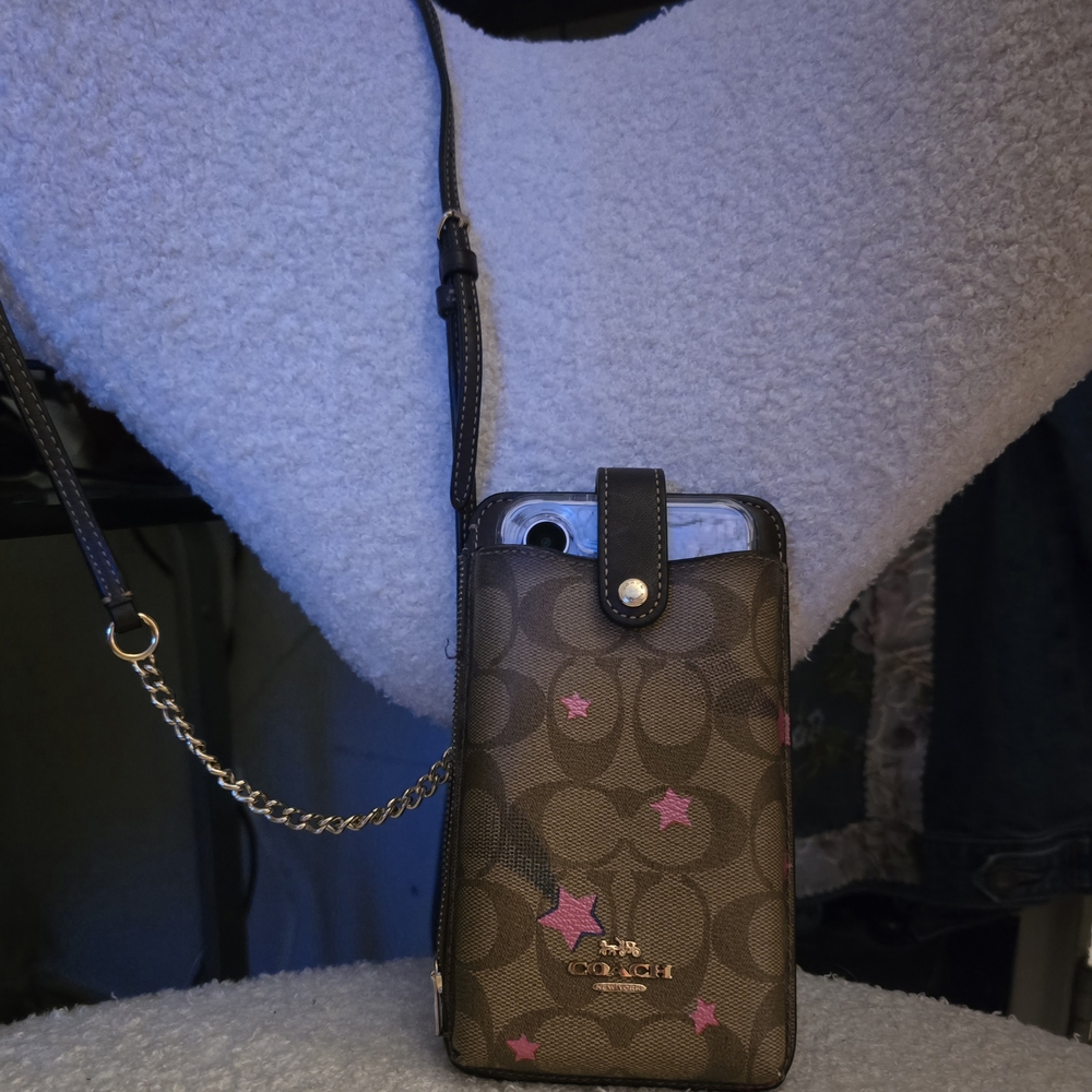 Coach Signature Canvas Pink Star Print Phone Crossbody
